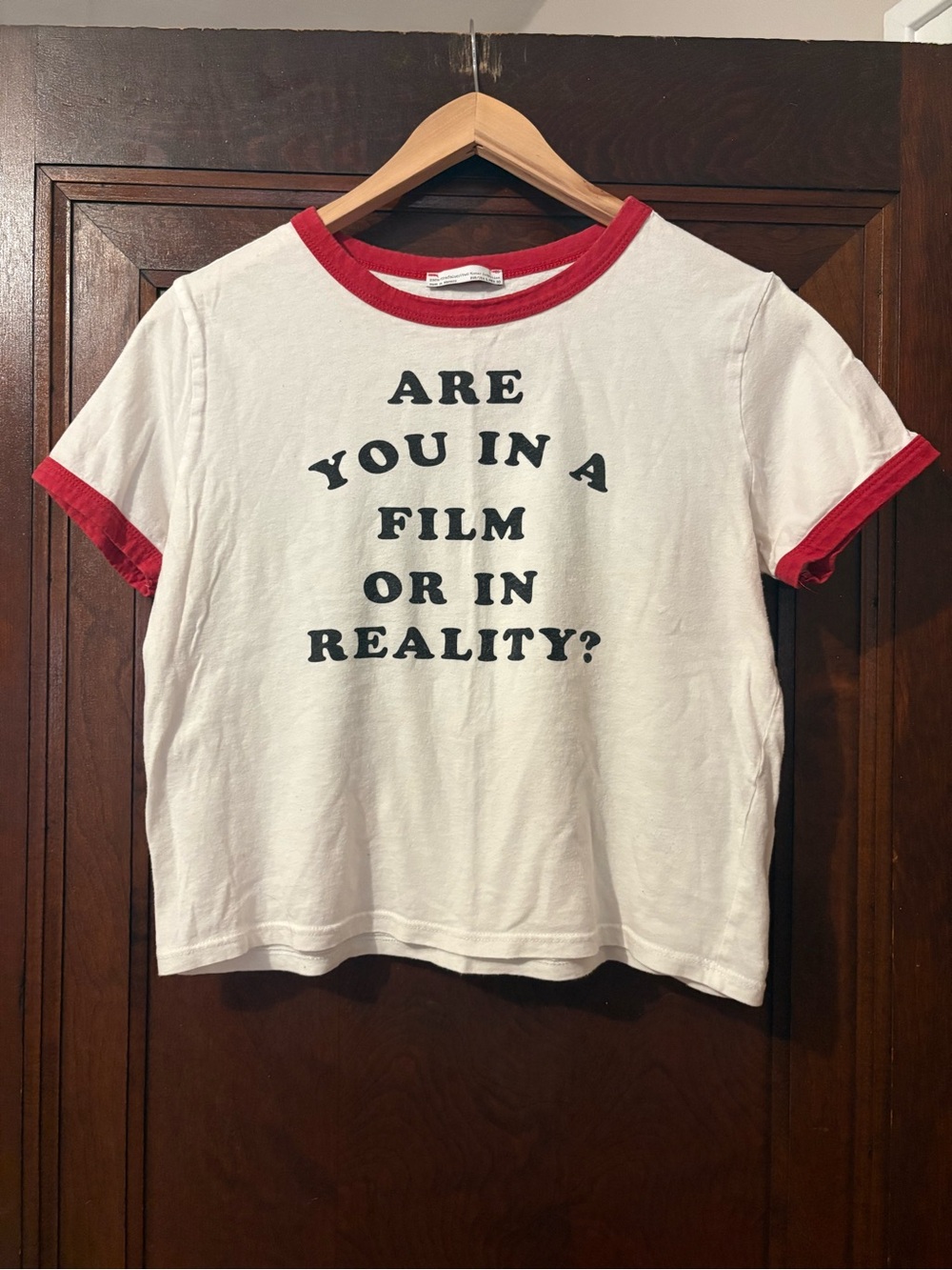 Graphic Ringer Crop Tee 'Are You In A Film Or In Reality?'